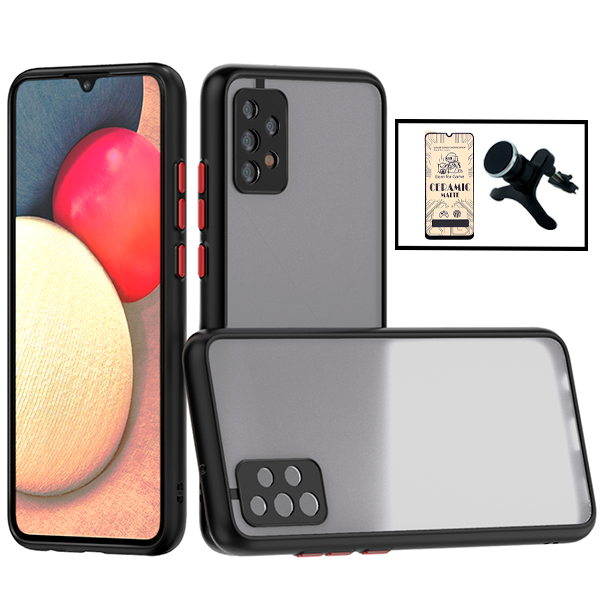 Kit Capa Traseira Proteção Camara + Vidro Temperado Ceramica Full Cover + Suporte Magnético Com Pernas para Samsung Galaxy A32 5G - preto