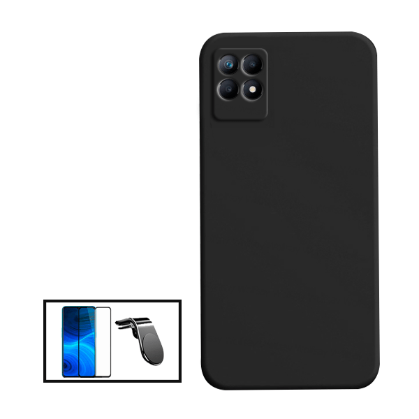 Kit Película de Vidro Temperado GorilasGlass + Capa Proteção Traseira Silicone + Suporte de Carro Magnético L para Realme Narzo 50i - Preto