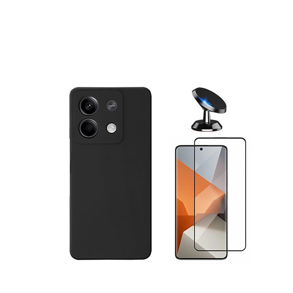 Kit Película de Vidro Temperado GorilasGlass + Capa Proteção Traseira Silicone + Suporte Magnético GIFT4ME para Xiaomi Redmi Note 13 - Preto
