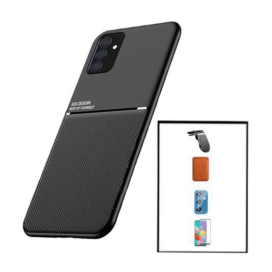 Kit Capa Traseira Magnética Anti Choque + Carteira Magnética Castanho + Película de Vidro Temperado GorilasGlass + Película Protectora para Câmara Traseira + Suporte Magnético L para Samsung Galaxy M52 5G