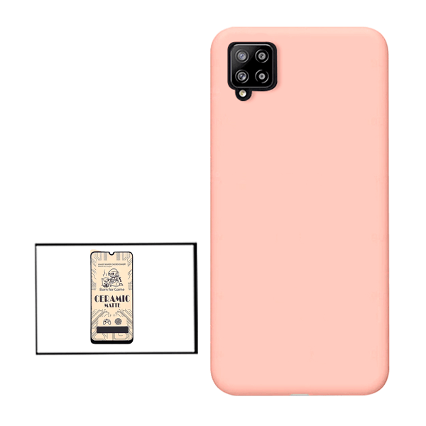Kit Vidro Temperado Ceramica Full Cover + Capa Proteção Traseira Silicone para Samsung Galaxy F12 - Rosa