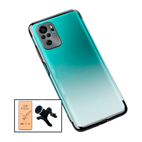 Kit Vidro Temperado Ceramica Full Cover + Capa Proteção Traseira Super Slim + Suporte Magnético Com Pernas para Xiaomi Redmi Note 10 - Preto