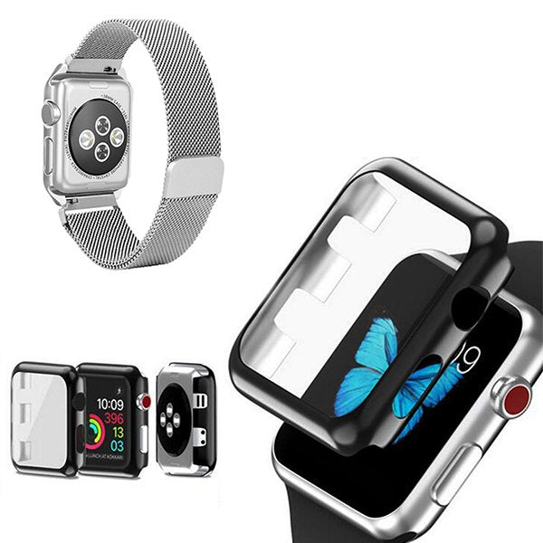 Kit Bracelete Milanese Com Fecho Magnético + Capa de Proteção + Vidro para Apple Watch Series 7 - 41mm - Cinza