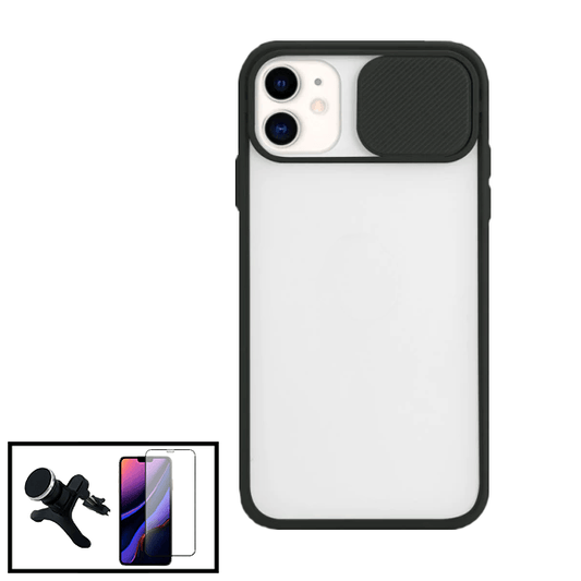 Kit Capa Proteção Camara Deslizante + Película de Vidro Temperado GorilasGlass + Suporte Magnético Com Pernas para Apple iPhone SE 2022 - Preto