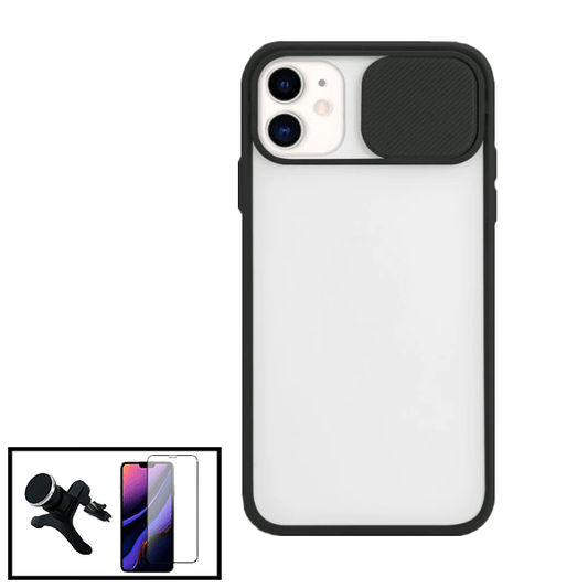 Kit Capa Proteção Camara Deslizante + Vidro Temperado Ceramica Full Cover + Suporte Magnético Com Pernas para Apple iPhone SE 2022 - Preto