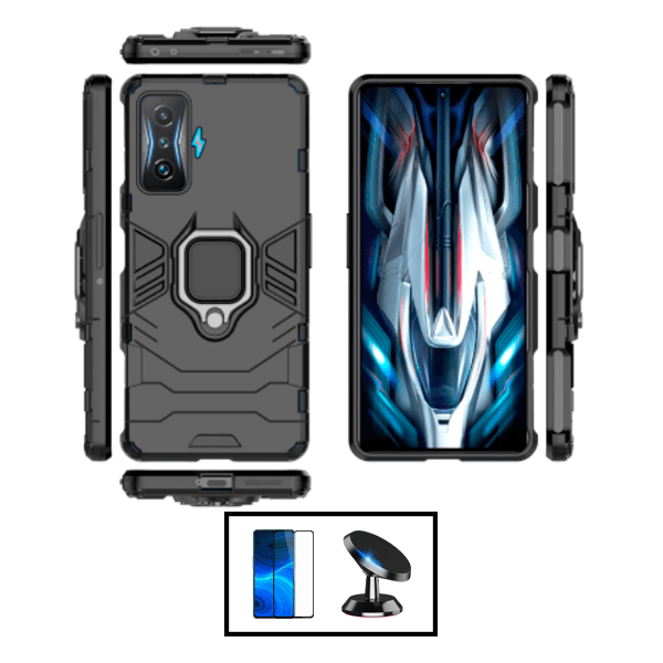 Kit Película de Vidro Temperado GorilasGlass + Capa de Proteção Militar Magnética + Suporte Magnético para Xiaomi Redmi K50 Gaming - Preto