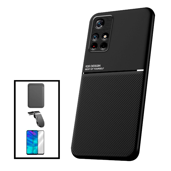 Kit Capa Traseira Magnética Anti Choque + Carteira Magnética Preto + Película de Vidro Temperado GorilasGlass + Suporte Magnético L para Xiaomi Poco M4 Pro 5G