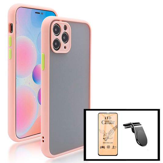 Kit Capa Traseira Proteção Camara + Vidro Temperado Ceramica Full Cover + Suporte de Carro Magnético L para iPhone 13 - Rosa