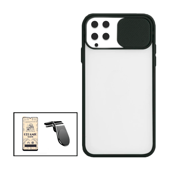 Kit Capa Proteção Camara Deslizante + Vidro Temperado Ceramica Full Cover + Suporte de Carro Magnético L para Samsung Galaxy M22 - Preto