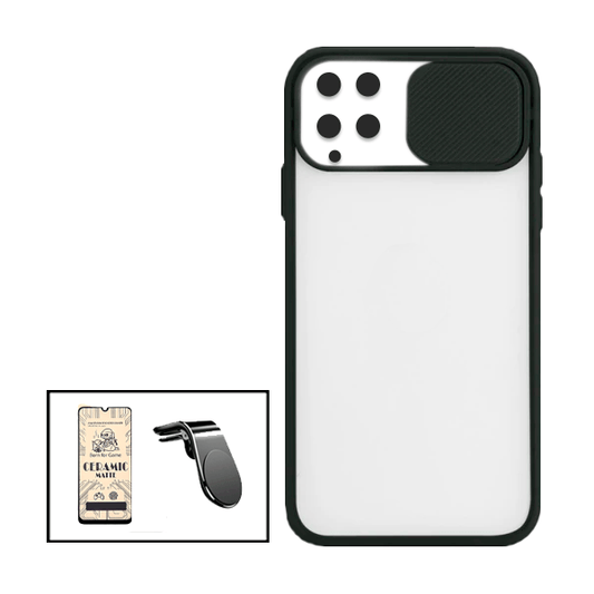 Kit Capa Proteção Camara Deslizante + Vidro Temperado Ceramica Full Cover + Suporte de Carro Magnético L para Samsung Galaxy M32 - Preto