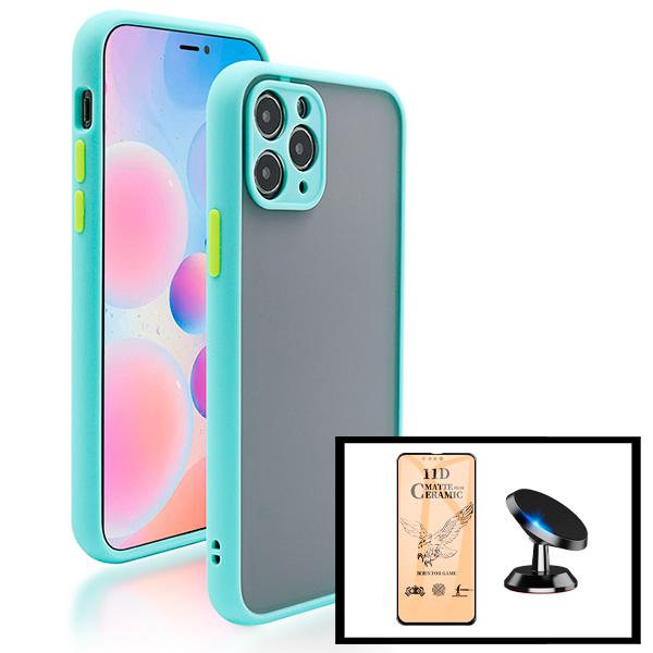 Kit Capa Traseira Proteção Camara + Vidro Temperado Ceramica Full Cover + Suporte Magnético para iPhone 13 - Azul Claro