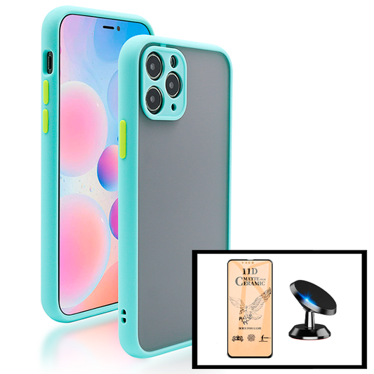 Kit Capa Traseira Proteção Camara + Vidro Temperado Ceramica Full Cover + Suporte Magnético para iPhone 13 - Azul Claro