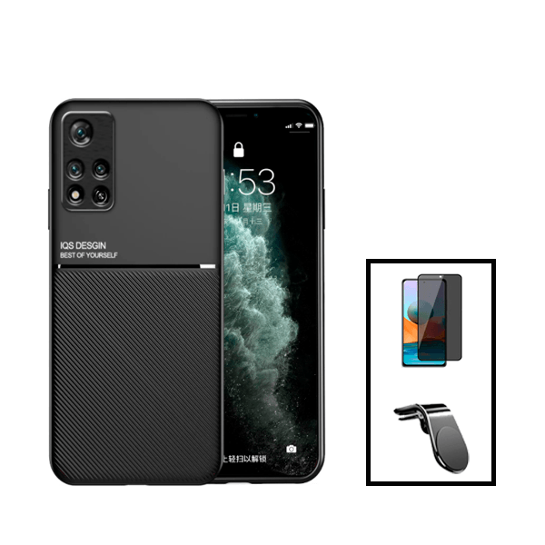 Kit Capa Traseira Magnética Anti Choque + Película de Vidro Temperado Privacidade + Suporte Magnético L para Xiaomi Poco X4 Pro 5G - Preto