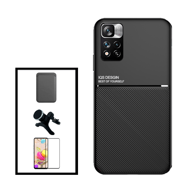 Kit Capa Traseira Magnética Anti Choque + Carteira Magnetica Preto + Película de Vidro Temperado GorilasGlass + Suporte Magnético Com Pernas para Xiaomi 11i HyperCharge - Preto