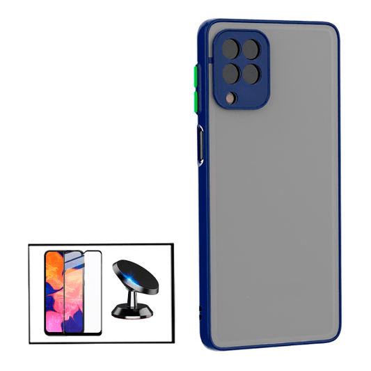 Kit Capa Traseira Proteção Camara + Película de Vidro Temperado GorilasGlass + Suporte Magnético para Samsung Galaxy A12 - Azul