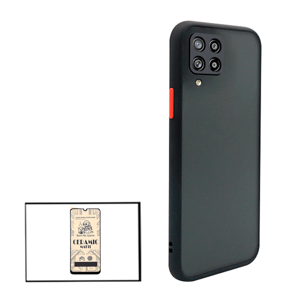 Kit Capa Traseira Proteção Camara + Vidro Temperado Ceramica Full Cover para Samsung Galaxy A12 - Preto