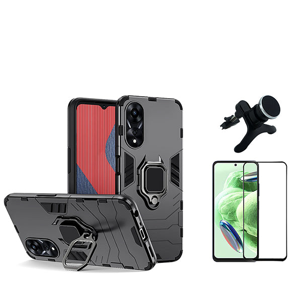 Kit Película de Vidro Temperado GorilasGlass + Capa de Proteção Militar Magnética + Suporte Magnético Com Pernas Phonecare para Oppo A58 4G - Preto