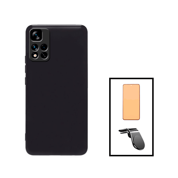 Kit Vidro Temperado Ceramica Full Cover + Capa Silicone Líquido + Suporte de Carro Magnético L para Xiaomi Poco X4 NFC - Preto