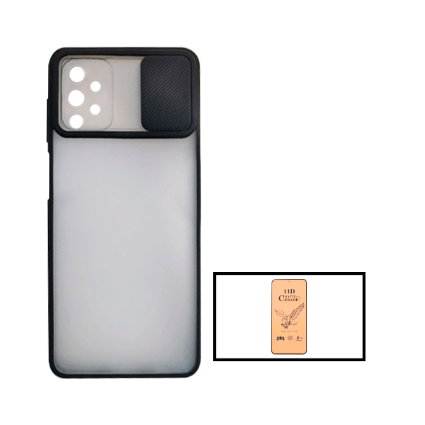 Kit Capa Proteção Camara Deslizante + Vidro Temperado Ceramica Full Cover para Samsung Galaxy A52 - Preto