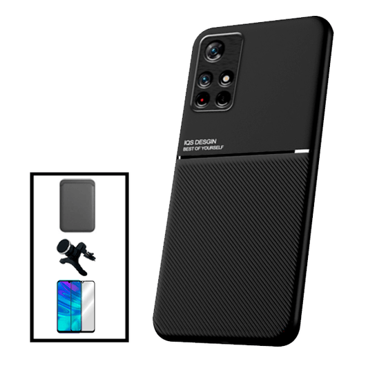 Kit Capa Traseira Magnética Anti Choque + Carteira Magnética preto + Película de Vidro Temperado GorilasGlass + Película Protectora para Câmara Traseira + Suporte Magnético Com Pernas para Xiaomi Poco M4 Pro 5G