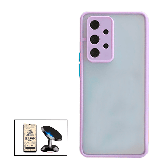 Kit Capa Traseira Proteção Camara + Vidro Temperado Ceramica Full Cover + Suporte Magnético para Samsung Galaxy A32 5G - Roxo