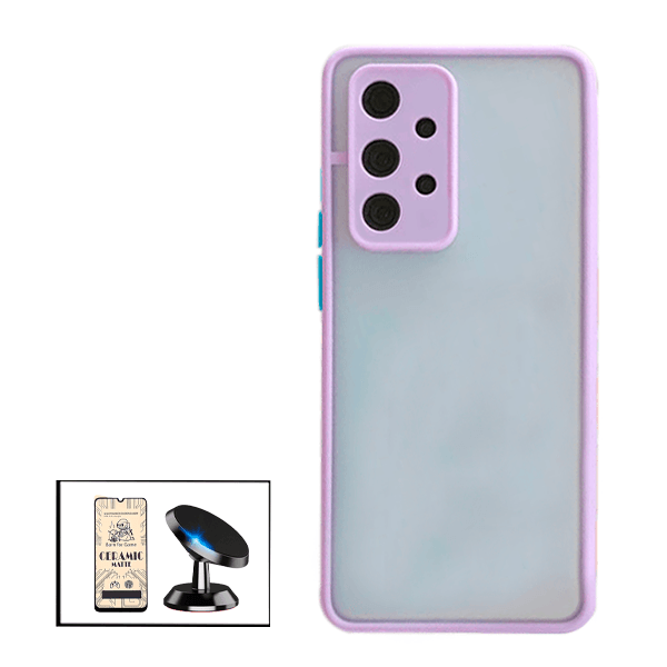 Kit Capa Traseira Proteção Camara + Vidro Temperado Ceramica Full Cover + Suporte Magnético para Samsung Galaxy M32 5G - Roxo