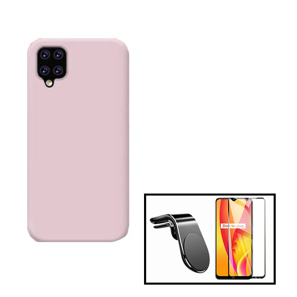 Kit Película de Vidro Temperado GorilasGlass + Capa Proteção Traseira Silicone + Suporte de Carro Magnético L para para Samsung Galaxy M42 5G - Rosa