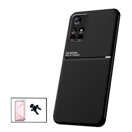 Kit Capa Traseira Magnética Anti Choque + Película de Vidro Temperado GorilasGlass Curvado + Suporte Magnético Com Pernas para Xiaomi Poco M4 Pro 5G