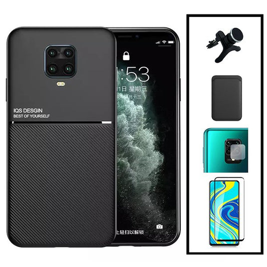 Kit Capa Traseira Magnética Anti Choque + Carteira Magnetica Preto + Película de Vidro Temperado GorilasGlass + Película Protectora para Câmara Traseira + Suporte Magnético Com Pernas para Xiaomi Redmi Note 10 Lite