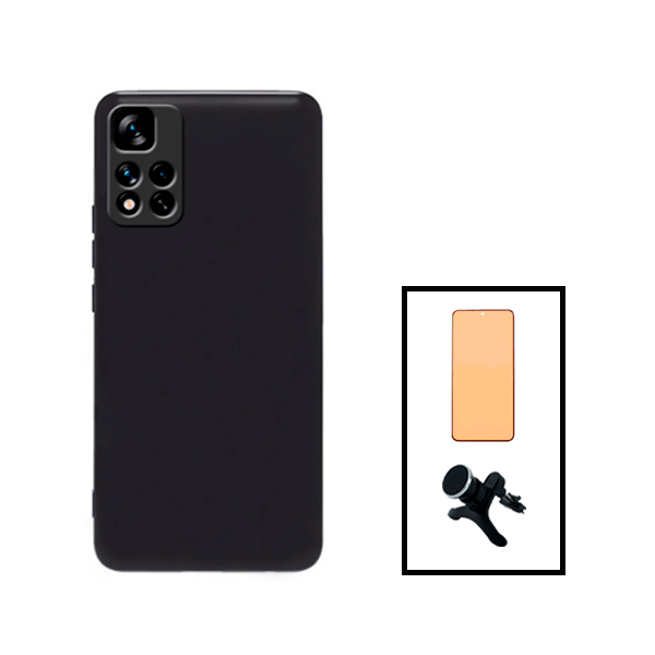 Kit Vidro Temperado Ceramica Full Cover + Capa Silicone Líquido + Suporte Magnético Com Pernas para Xiaomi Poco X4 NFC - Preto