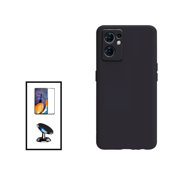 Kit Película de Vidro Temperado GorilasGlass + Capa Proteção Traseira Silicone + Suporte Magnético para Oppo Reno7 SE 5G - Preto