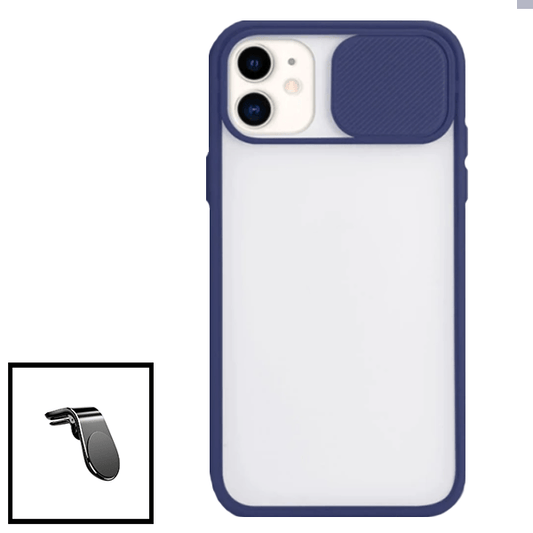 Kit Capa Proteção Camara Deslizante + Suporte Magnético L para Apple iPhone SE 2022 - Azul Escuro