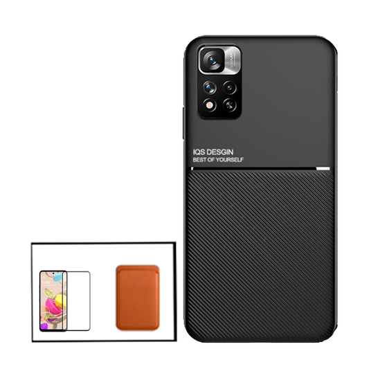 Kit Capa Traseira Magnética Anti Choque + Carteira Magnética Castanho + Película de Vidro Temperado GorilasGlass para Xiaomi Redmi Note 11 Pro+