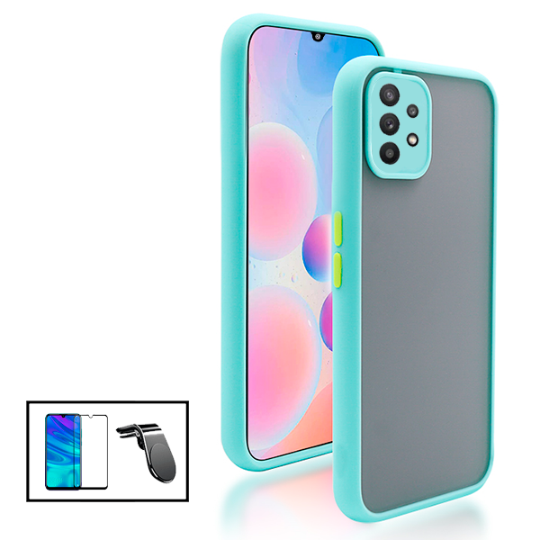 Kit Capa Traseira Proteção Camara + Película de Vidro Temperado GorilasGlass + Suporte de Carro Magnético L para Samsung Galaxy A32 5G - Azul Claro