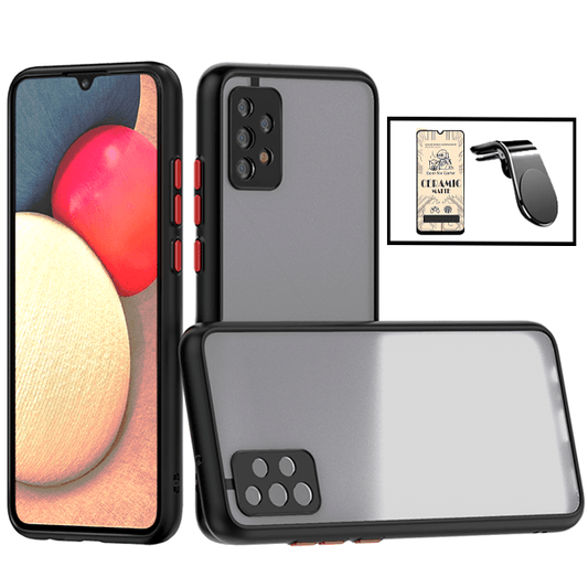 Kit Capa Traseira Proteção Camara + Vidro Temperado Ceramica Full Cover + Suporte de Carro Magnético L para Samsung Galaxy A32 5G - Preto