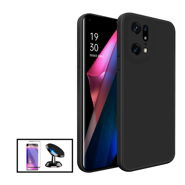 Kit Película de Vidro Temperado GorilasGlass Curvado + Capa Proteção Traseira Silicone + Suporte Magnético para Oppo Find X5 - Preto
