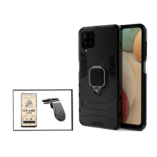 Kit Vidro Temperado Ceramica Full Cover + Capa de Proteção Militar Magnética + Suporte de Carro Magnético L para Samsung Galaxy M12