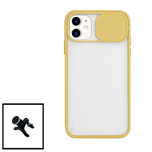 Kit Capa Proteção Camara Deslizante + Suporte Magnético Com Pernas para Apple iPhone SE 2022 - Amarelo