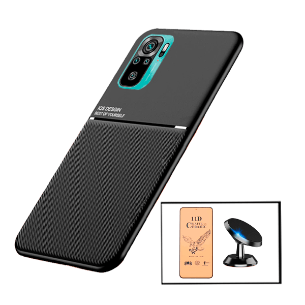 Kit Capa Traseira Magnética Anti Choque + Vidro Temperado Ceramica Full Cover + Suporte Magnético para Xiaomi Redmi Note 10