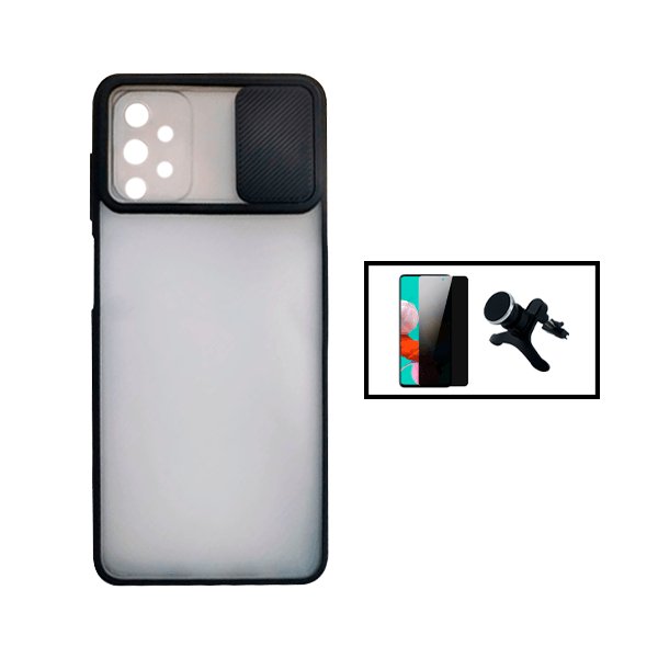 Kit Capa Proteção Camara Deslizante + Película de Vidro Temperado Privacidade + Suporte Magnético Com Pernas para Samsung Galaxy A52 - Preto