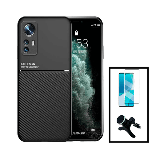 Kit Capa Traseira Magnética Anti Choque + Película de Vidro Temperado GorilasGlass Curvado + Suporte Magnético Com Pernas para Xiaomi 12 - Preto