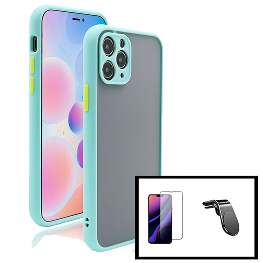 Kit Capa Traseira Proteção Camara + Película de Vidro Temperado GorilasGlass + Suporte de Carro Magnético L para iPhone 13 Mini - Azul Claro