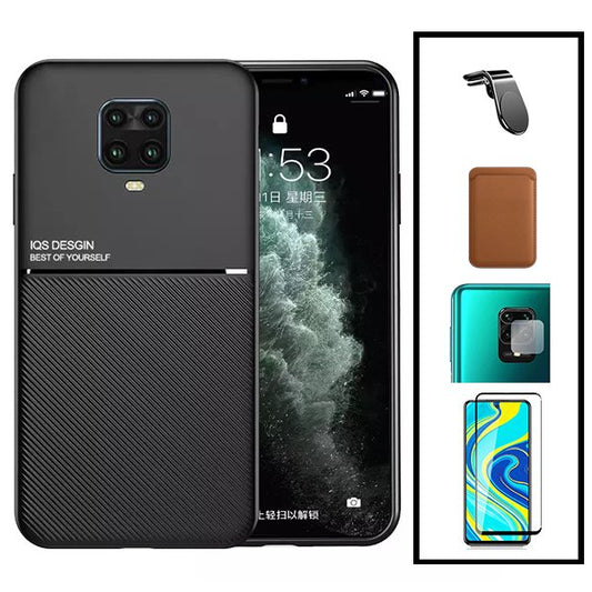 Kit Capa Traseira Magnética Anti Choque + Carteira Magnetica Castanho + Película de Vidro Temperado GorilasGlass + Película Protectora para Câmara Traseira + Suporte de Carro Magnético L para Xiaomi Redmi Note 10 Lite