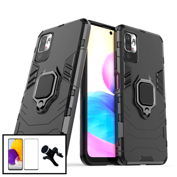 Kit Película de Vidro Temperado GorilasGlass + Capa de Proteção Militar Magnética + Suporte Magnético Com Pernas para Xiaomi Redmi Note 11 4G - Preto