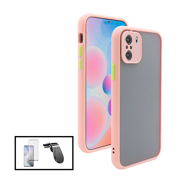 Kit Capa Traseira Proteção Camara + Película de Vidro Temperado GorilasGlass + Suporte de Carro Magnético L para Xiaomi Poco F3 - Rosa