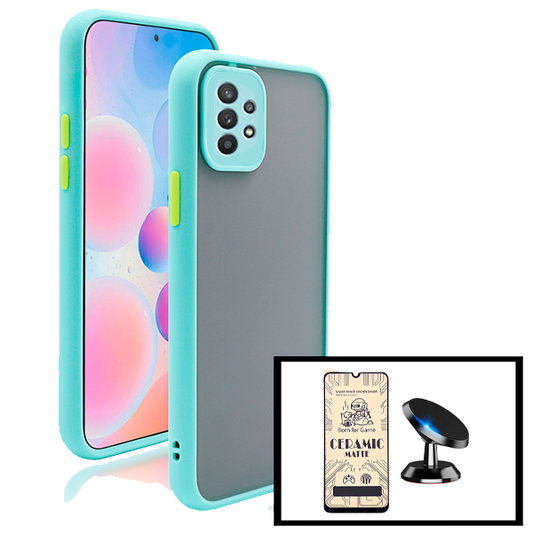 Kit Capa Traseira Proteção Camara + Vidro Temperado Ceramica Full Cover + Suporte Magnético para Samsung Galaxy A32 5G - Azul Claro