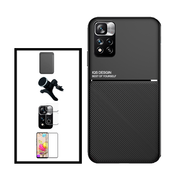 Kit Capa Traseira Magnética Anti Choque + Carteira Magnetica Preto + Película de Vidro Temperado GorilasGlass + Película Protectora para Câmara Traseira + Suporte Magnético Com Pernas para Xiaomi Redmi Note 11E Pro - Preto