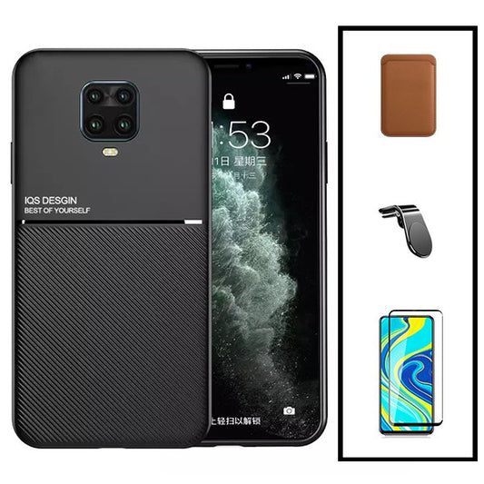 Kit Capa Traseira Magnética Anti Choque + Carteira Magnetica Castanho + Película de Vidro Temperado GorilasGlass + Suporte de Carro Magnético L para Xiaomi Redmi Note 10 Lite