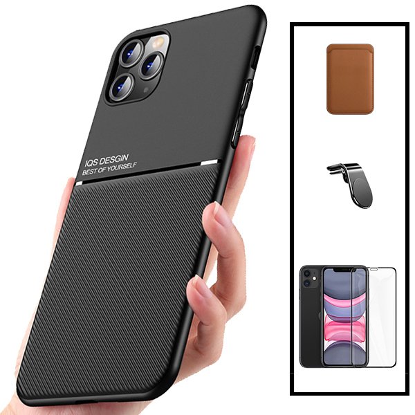 Kit Capa Traseira Magnética Anti Choque + Carteira Magnética Castanho + Película de Vidro Temperado GorilasGlass + Suporte Magnético L para Xiaomi Mi 11 Lite