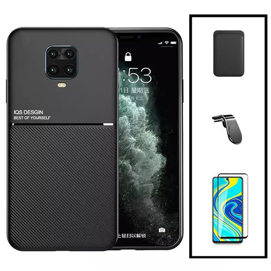 Kit Capa Traseira Magnética Anti Choque + Carteira Magnetica Preto + Película de Vidro Temperado GorilasGlass + Suporte de Carro Magnético L para Xiaomi Redmi Note 10 Lite